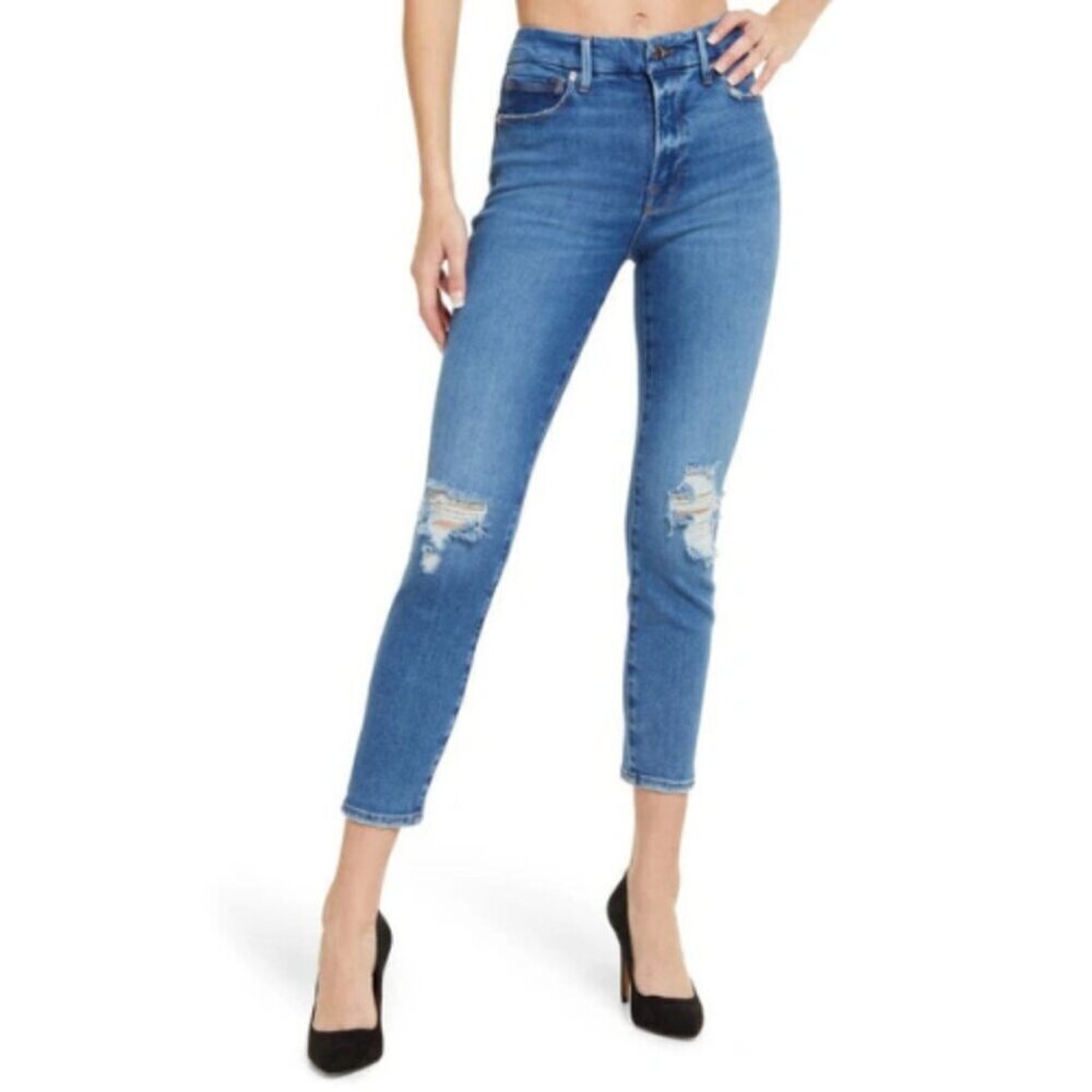 Good American Womens 10 Good Legs Ripped High Waist Crop Skinny Jeans